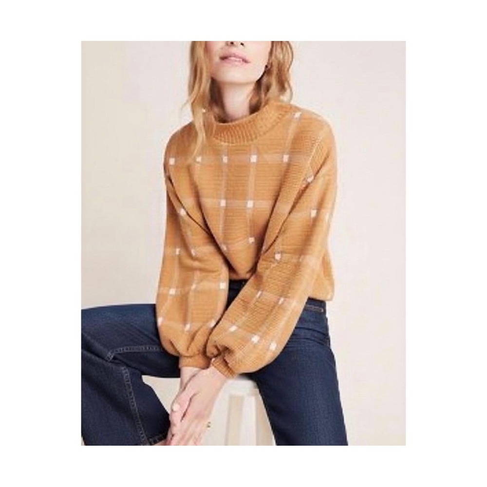 Porridge Anthropologie Mock Neck Windowpane Sweater Brown XS Balloon Sleeve